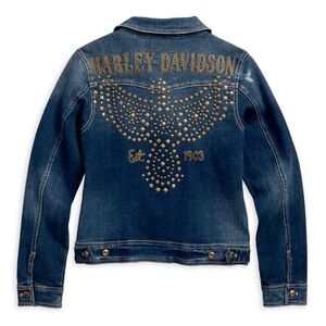 Harley Davidson Dark Wash Denim Jacket. Studded Eagle. Women’s Size Large.